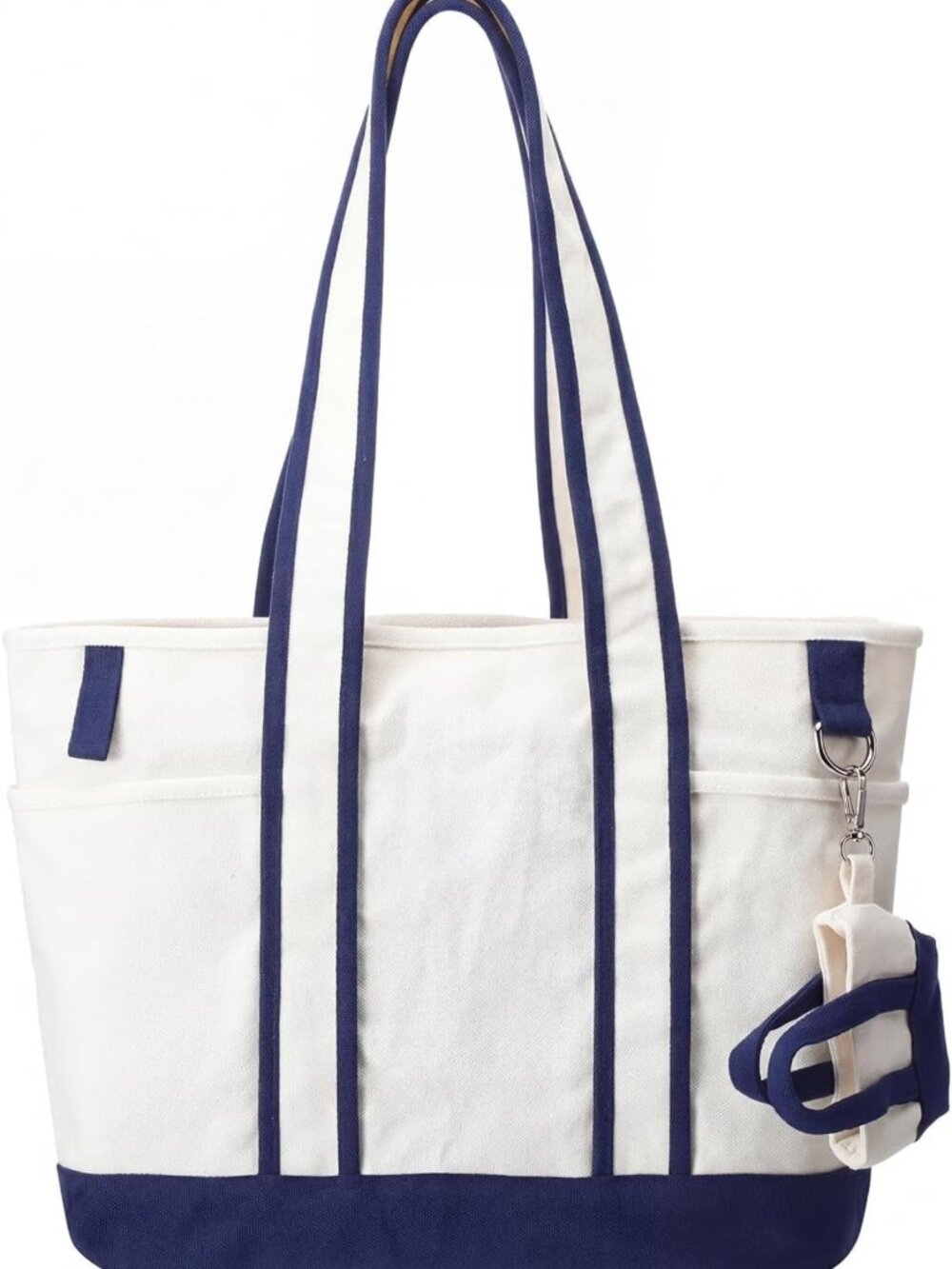Navy Blue Collegiate Canvas Tote Bag with Cup Holder, 17x12, Stylish